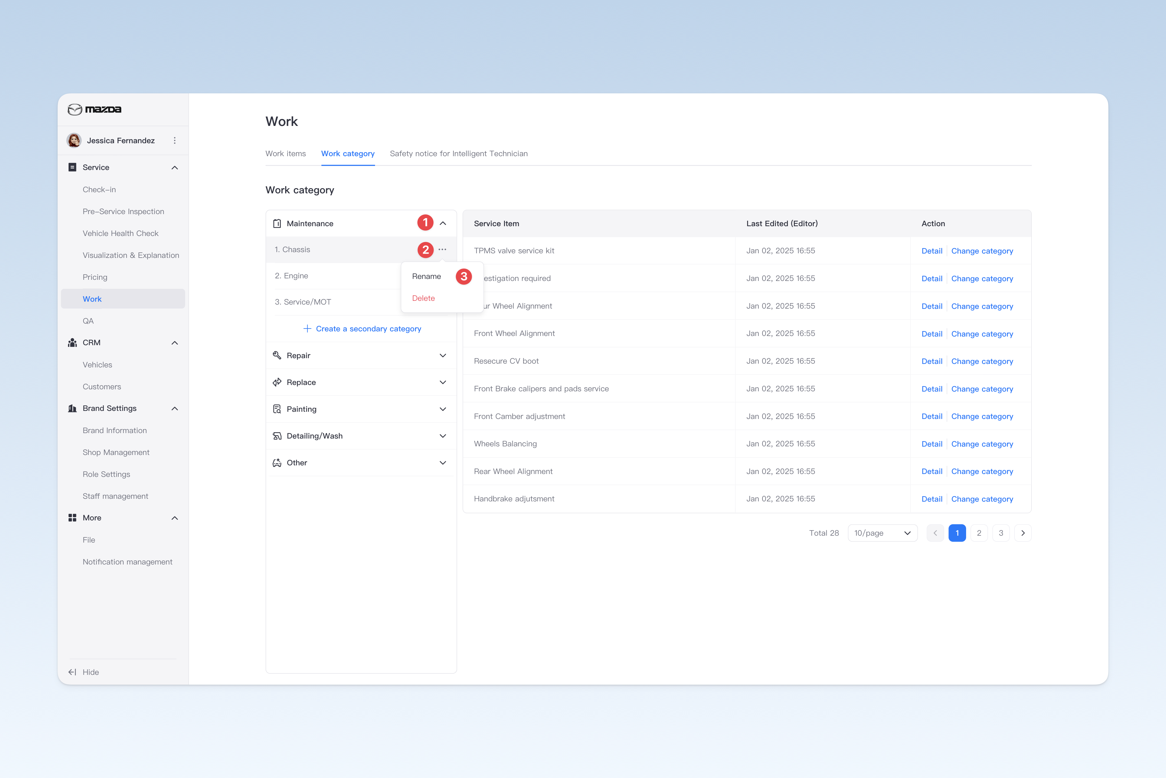 Modifying work service category names