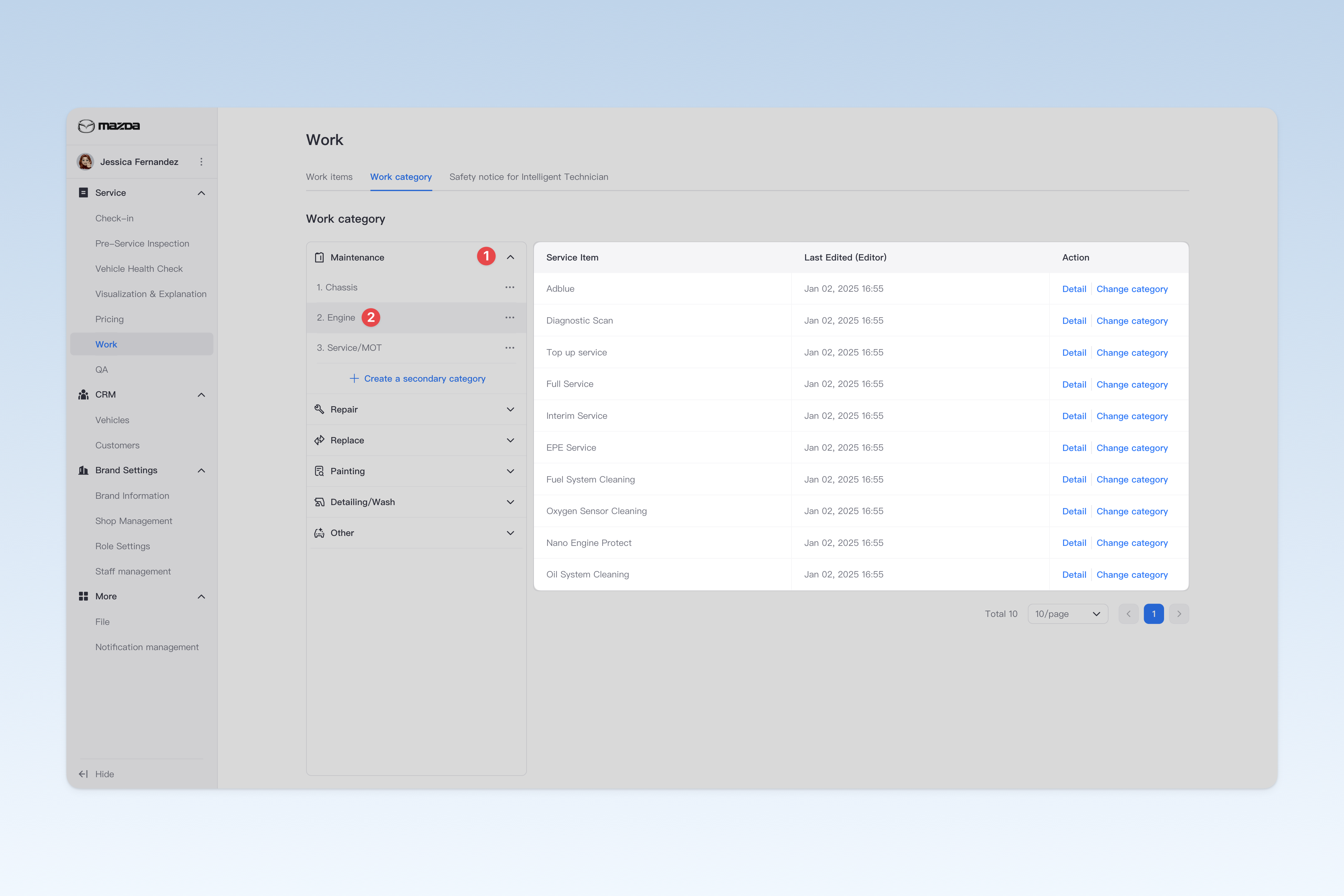 Viewing service items under work service categories