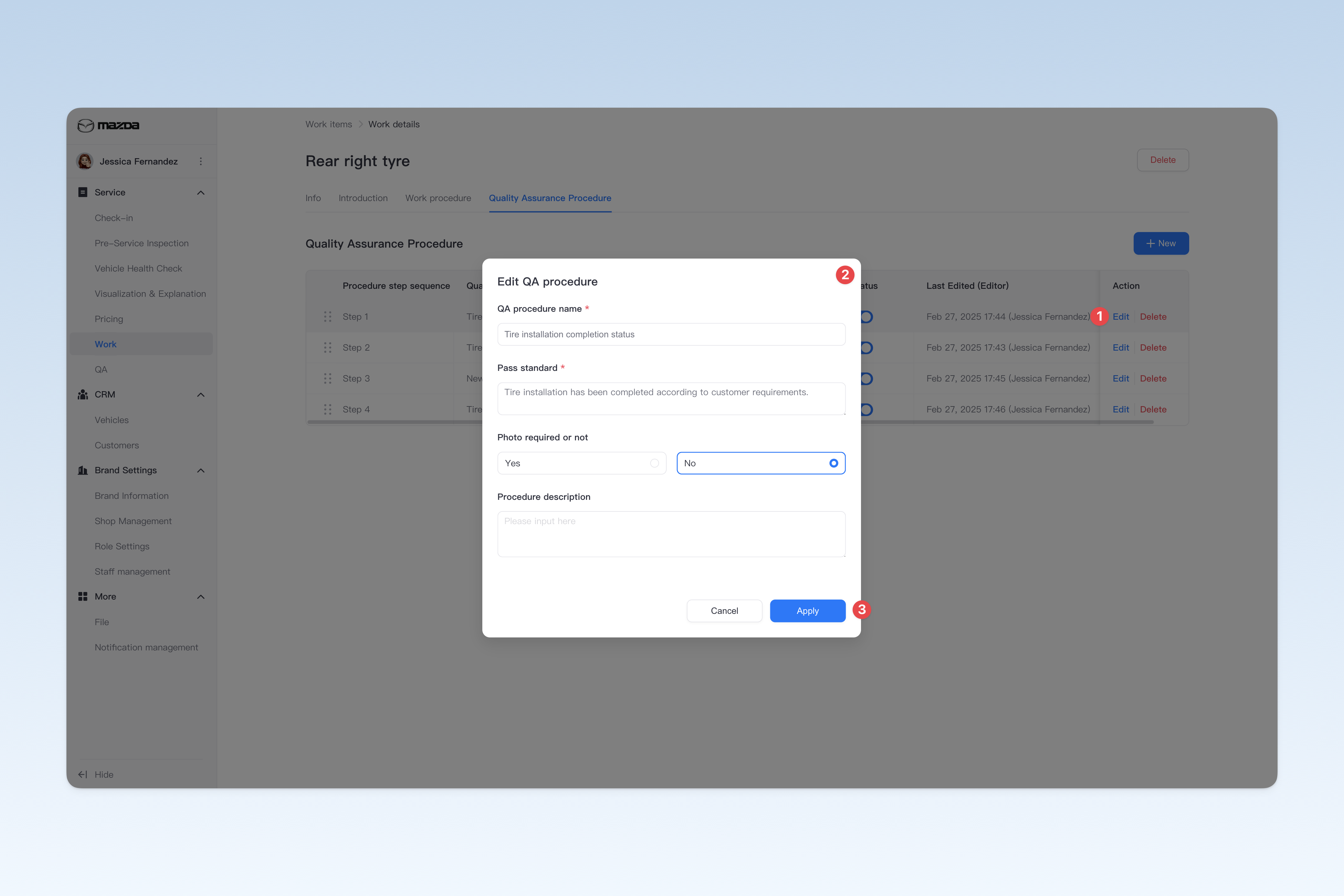 Modify Basic Information of Work QA Procedure