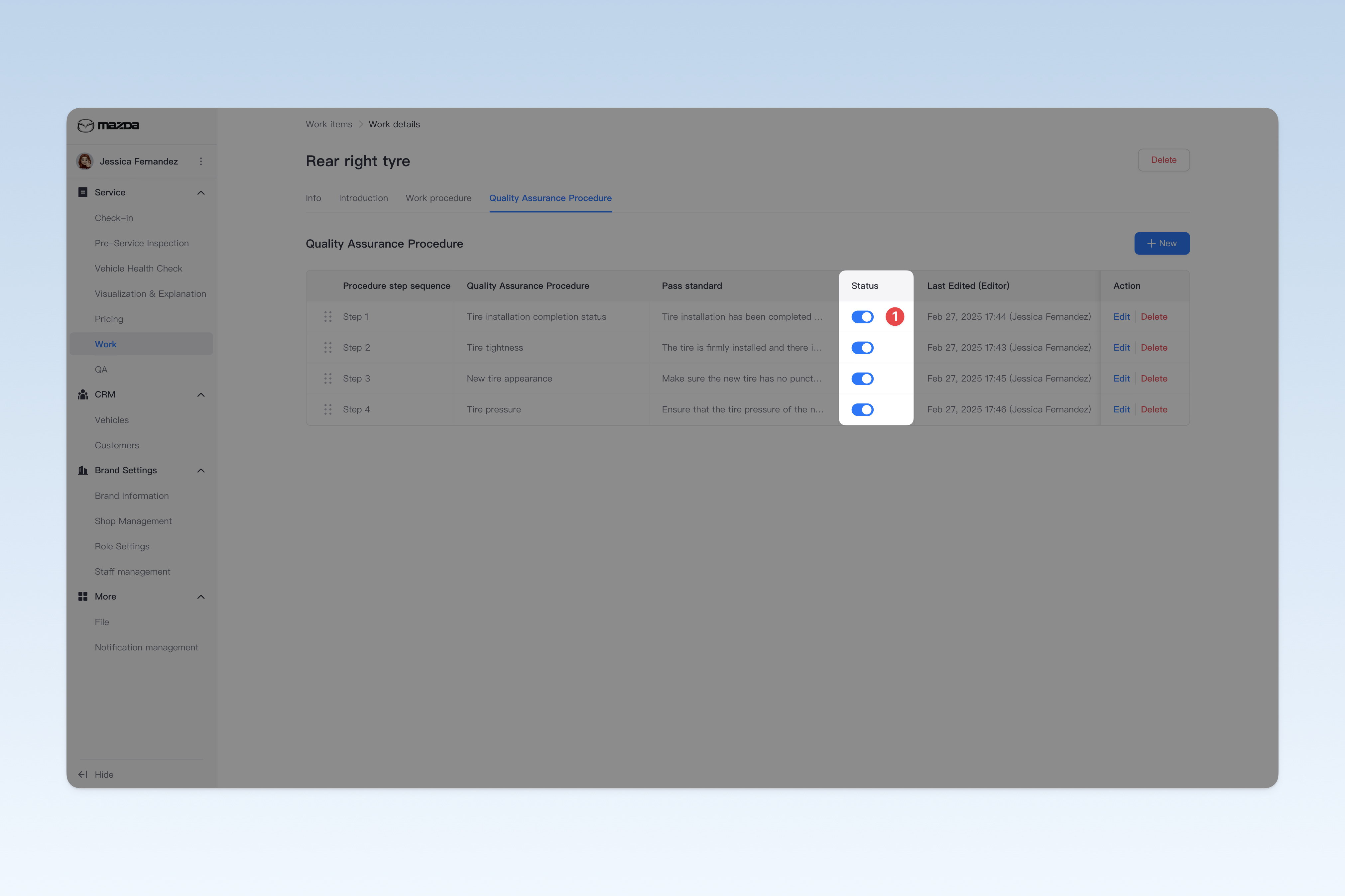 Enable/Disable Work QA Procedure