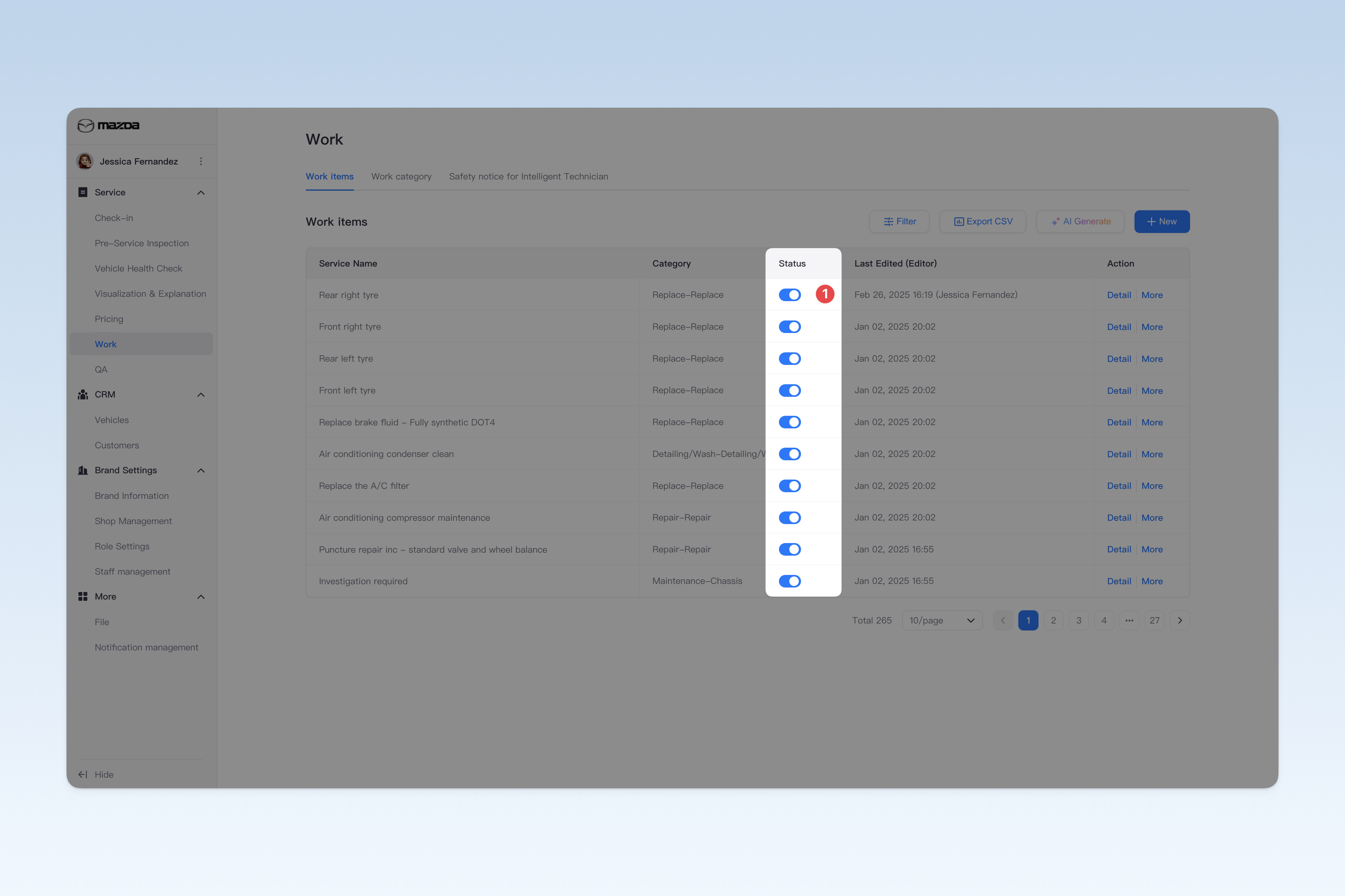 Enable/Disable Work Service Item