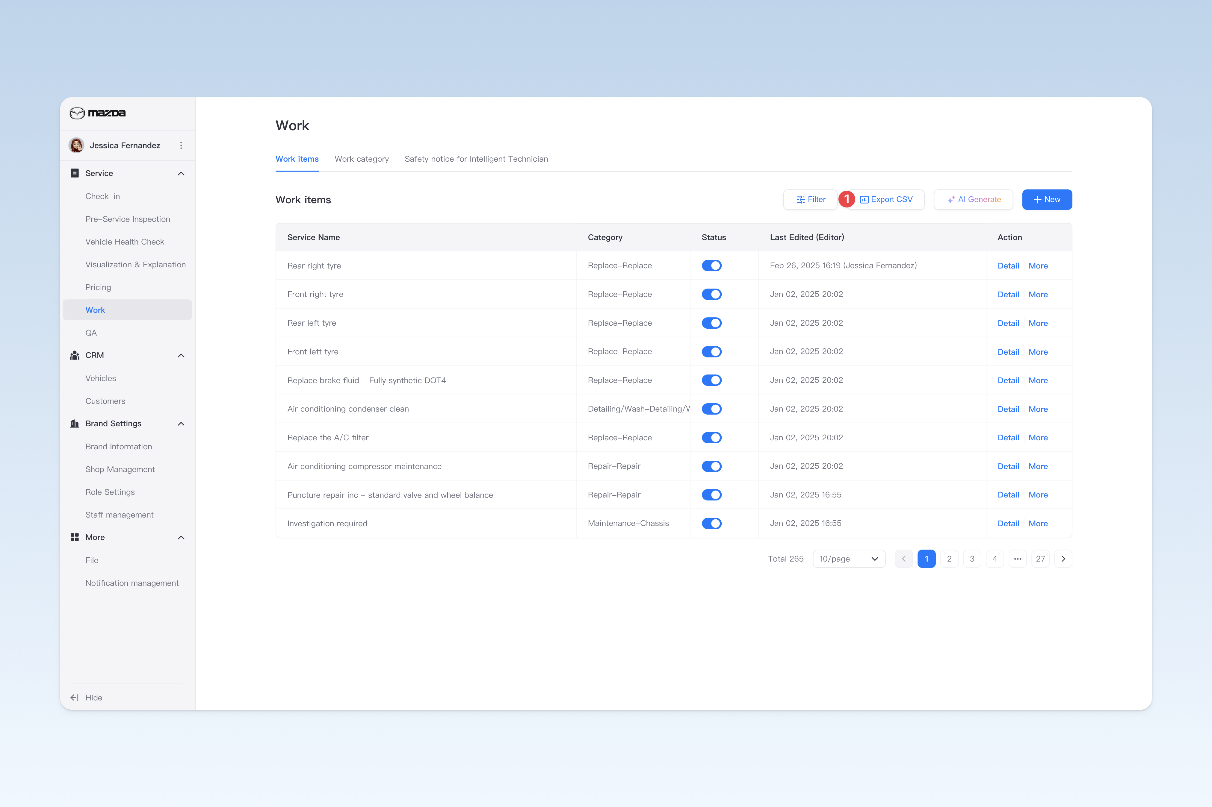 Export work service item list as a spreadsheet file