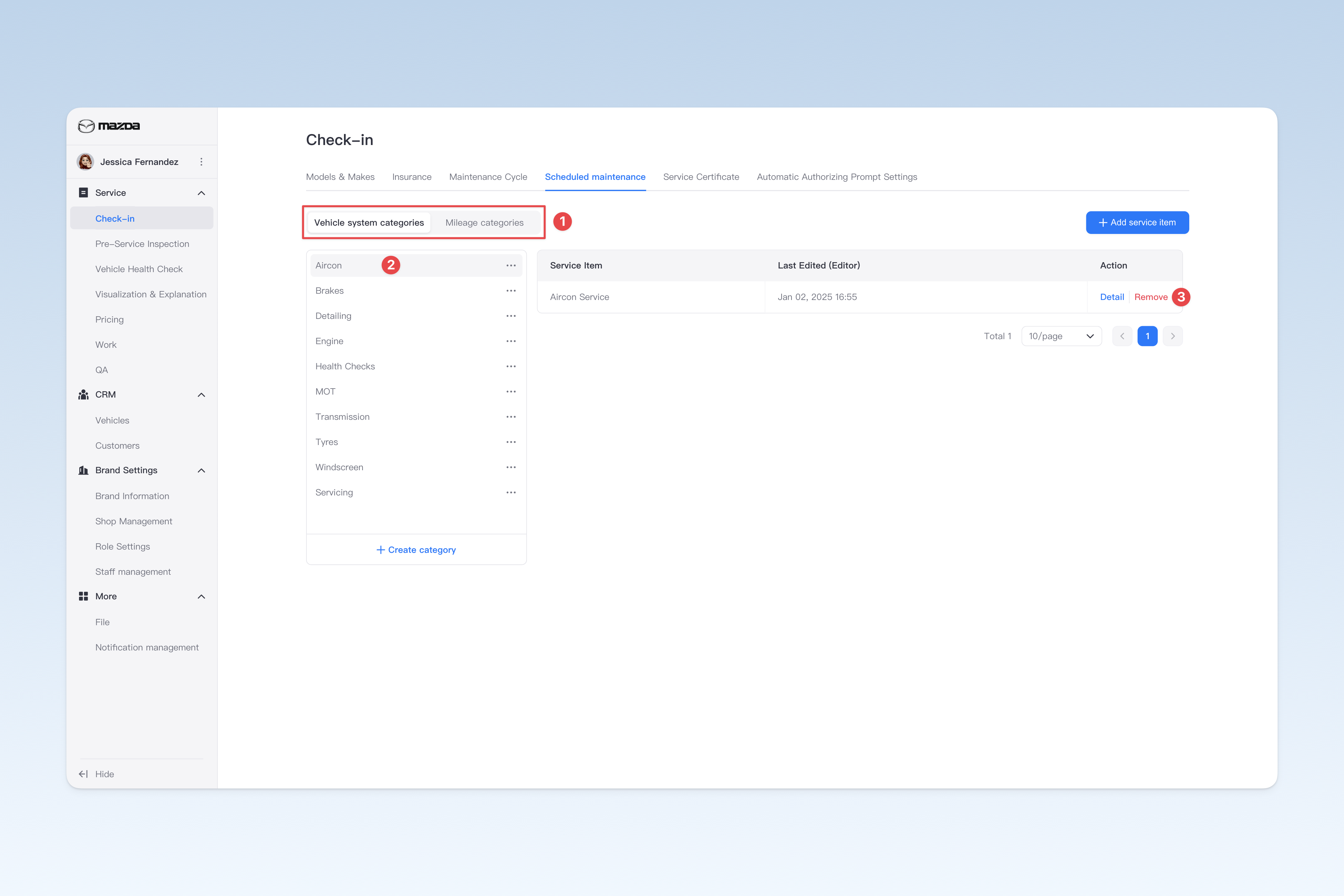 Remove service items from a category